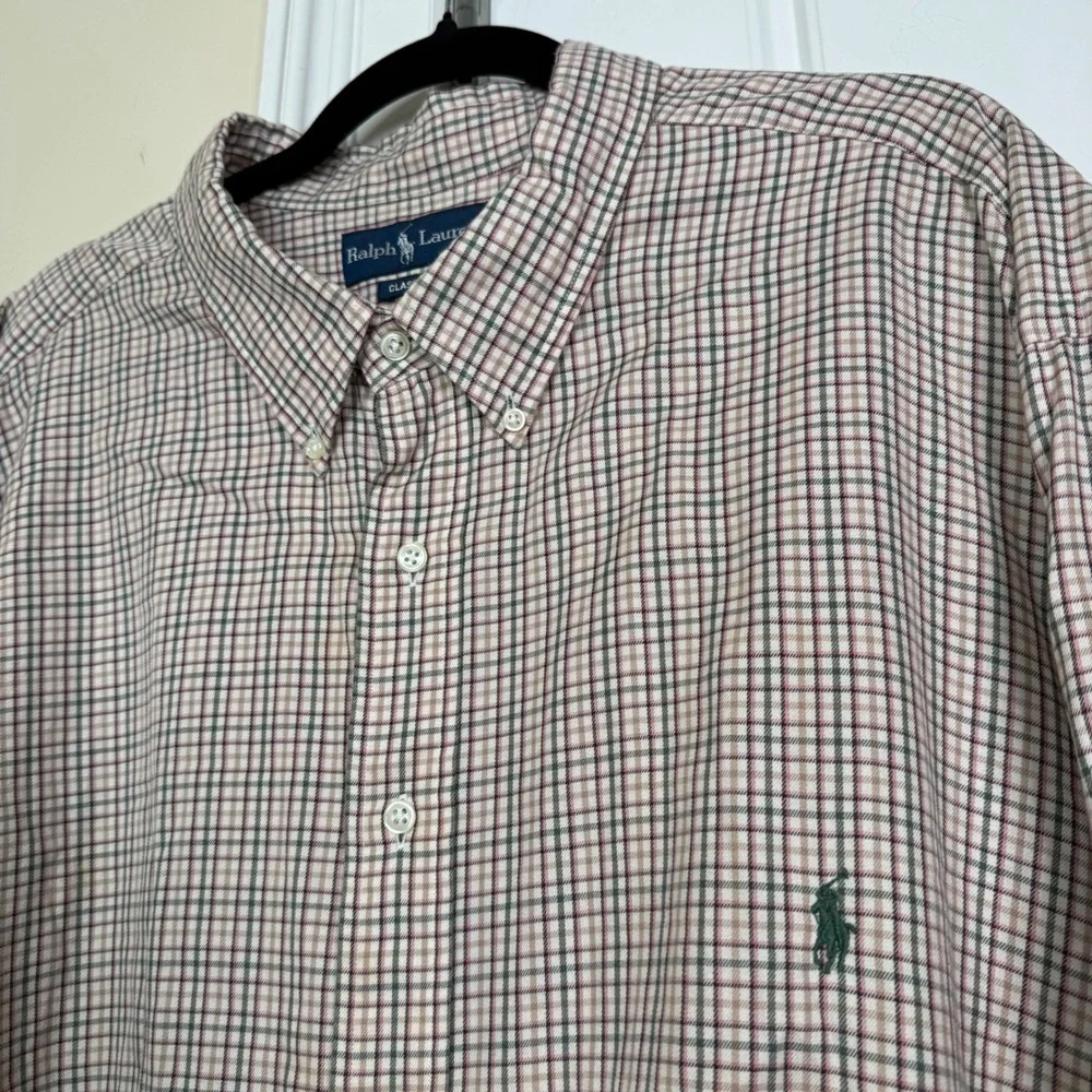 Vintage Polo Ralph Lauren Shirt Men 4XB Biege Pink Plaid Classic Fit Cotton Big